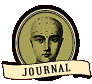 Oval-shaped icon with a central figure's face on a greenish background, banner reading 'JOURNAL' below, repeated in a pattern
