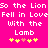 A bright pink background displays repeated white pixelated text reading "So the Lion Fell in Love With the Lamb" with yellow and pink heart symbols below.