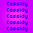 A static image displays the name "Cassidy" repeated in blue pixelated text across a purple gradient background, arranged in two vertical with six each