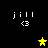 Pixelated text 'jill' with '<3' below, and a yellow star that shifts position across frames on black background.