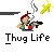 Pixelated character with red hair and white shirt holds black gun, yellow star bursts, black car with smoke, gray background, 'Thug Life' text below.