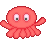 Two pixelated red octopus-like creatures with large eyes, one waving with arms extended, the other with arms folded, on a gray background.