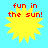 Four identical pixelated yellow sun icons with red text "fun in the sun!" on a light blue background, arranged in a