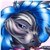 Pixelated image of a stylized animal face with blue and white background, featuring a large eye and curved mouth.