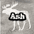 A grayscale icon with a white deer silhouette and the text 'Ash' in black outline over it.