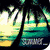 Pixelated beach scene with palm tree, ocean view, and text overlay on dark background.