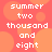 Pixelated text 'summer two thousand and eight' repeated in a on a red-orange background with blurred circular shapes