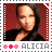 Alicia Keys in three variations of a stamp-style icon with red background, black clothing, and pink symbols above her name.