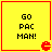 Four identical yellow square icons with red borders, each containing black text and a small Pac-Man character in the bottom-right corner.