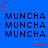 Blue background with repeated 'MUNCH' text in dark blue, red and purple star-shaped pixel clusters at corners and edges.