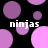 Black background with scattered purple and pink circles; four instances of the text 'ninjas' in white pixelated font.
