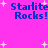 Pixelated blue text "Starlite Rocks!" on bright pink background with white starbursts, four identical instances arranged in a pattern