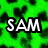Green pixelated background with 'SAM' text, red circular face with 'UH-UH' text, yellow emoji face with 'JAKE' text, and colorful question mark icon.