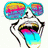 A stylized face with large reflective sunglasses and a tongue sticking out, rendered in vibrant rainbow colors.