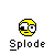 Yellow circular face with black eyes and mouth, blue tear on right eye, red splatter effects, and 'Splode' text below on gray background.