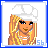 Animated contact sheet of a pixel art character with blonde hair, chef hat, and swimsuit-like outfit across multiple frames showing facial expressions, body parts, and text elements.