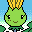 A 4-frame pixel art contact sheet showing a green cartoon character with yellow hair in various poses and expressions against blue backgrounds, including one frame with a white snowflake-like symbol.