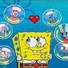 Yellow sponge character with wide eyes and a red tie stands centered, surrounded by six circular bubbles containing other characters against a blue background with a red heart above.