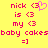 Yellow background with pink pixelated text and symbols, including 'nick', 'is', 'my', 'baby cakesbaby cakes', '=]', and a heart symbol. The heart is animated to pulse or change shape between frames.