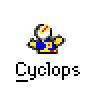 Four-frame animated contact sheet of a pixelated cyclops character with yellow arms, blue torso, and white head firing red projectiles or laser beams in different directions across frames.