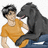 Pixelated image of a person in an orange shirt with a large dark dog, blue text reading 'Padfoot lives on!', and two lower text options.