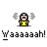 A 6-frame animated contact sheet showing a pixelated character in yellow clothing with pink cheeks, repeatedly shouting "Waaaaaah!" across all frames while displaying subtle animation changes to the mouth and background elements.