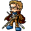 Pixel art character with blonde hair, glasses, brown coat, blue shoes, and two swords, shown in four sequential poses against gray background.