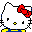 Pixelated white cat face with red bow, yellow eyes, blue and yellow lower body against gray background.