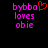 Pixelated text 'bybba loves obie' in magenta with a red heart symbol above the first word on black background.