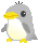 Pixel art penguin mascot with yellow beak and feet, gray body, white belly, black eyes, displayed in a 3x3 contact sheet of animated frames showing subtle pose and expression changes against a solid gray background.