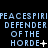 Pixelated text repeats 'PEACESPIRIPEACESPIRIPEACESPIRI' above 'DEFENDER OF THE HORDE' with varying symbols and punctuation across three on a black background