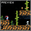 Pixel art scene with two characters on rocky platforms, green cacti-like plants, and a dark starry background under 'PREVIEW' text.