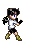 Pixel art character with black pigtails, blue eyes, white shirt, black shorts, green boots performing walking and kicking animations on gray background.