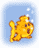 Animated golden fish with orange-brown accents swims left to right against light blue background, bubbles float upward in pixelated style.