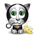Animated cartoon cat with black-and-white fur, green eyes, red collar holding yellow cheese in various poses.