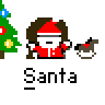 Pixel art Santa icon with Christmas tree and rocking horse, displayed in a contact sheet format with two identical frames showing the same static image.