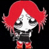 Chibi-style character with red hair, black dress, and striped socks in six positions showing subtle expression changes