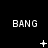 Black background with white pixelated text "BANG" repeated across three , each containing three instances of the text with varying white symbols below them