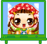 A cartoon character with brown hair and a red floral headband appears on three green-screened displays, each showing different expressions and hand gestures.