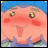 Pixelated cartoon character with pink face, red cheeks, golden eyes, blue hair, and tongue out, next to black background with white text.