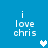 Blue background with white pixelated text 'i love chris' and a heart symbol that changes color from white to light blue.