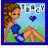 Pixelated icon of a woman with brown hair in blue dress sitting on grass, holding a blue object under a light blue sky with floating letters and heart symbol.