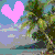 nine heart-shaped icons in various solid colors and one patterned green, set against a pixelated tropical beach background with palm trees and clouds