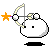 Pixelated character with white rounded body, black dot eyes, and two small circular ears holds a bow; star-shaped projectile changes color between orange and yellow across frames.