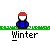 Pixelated character in blue coat and red-and-white hat stands on green grass strip against gray background, with text labels and speech bubbles changing across frames.