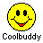 A 3x3 contact sheet of eight pixelated yellow smiley face icons with varying expressions and partial damage, each labeled "Coolbuddy" below in black text on a gray background.