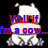 Pixelated image of a white cow-like character with pink nose and gray hooves on black background, next to yellow emoji with wide grin and red text.