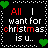 Black background with white dotted border, green pixel hearts at corners, red and white text reading "All I want for christmas is u." in a retro font.