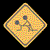 Six diamond-shaped yellow caution signs with blue borders, each showing a stick figure holding a dark blue object, arranged in two of three on a black background