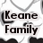 Black and white heart pattern with 'Keane Family' text overlay on a repeating background of solid black hearts, outlined gray hearts, and small dark shapes.